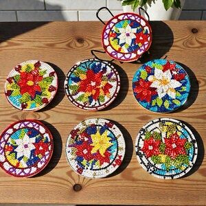 Colorful Flower Coasters Set of 6 & Holder Hand Crafted & Sealed Diamond Art 4”